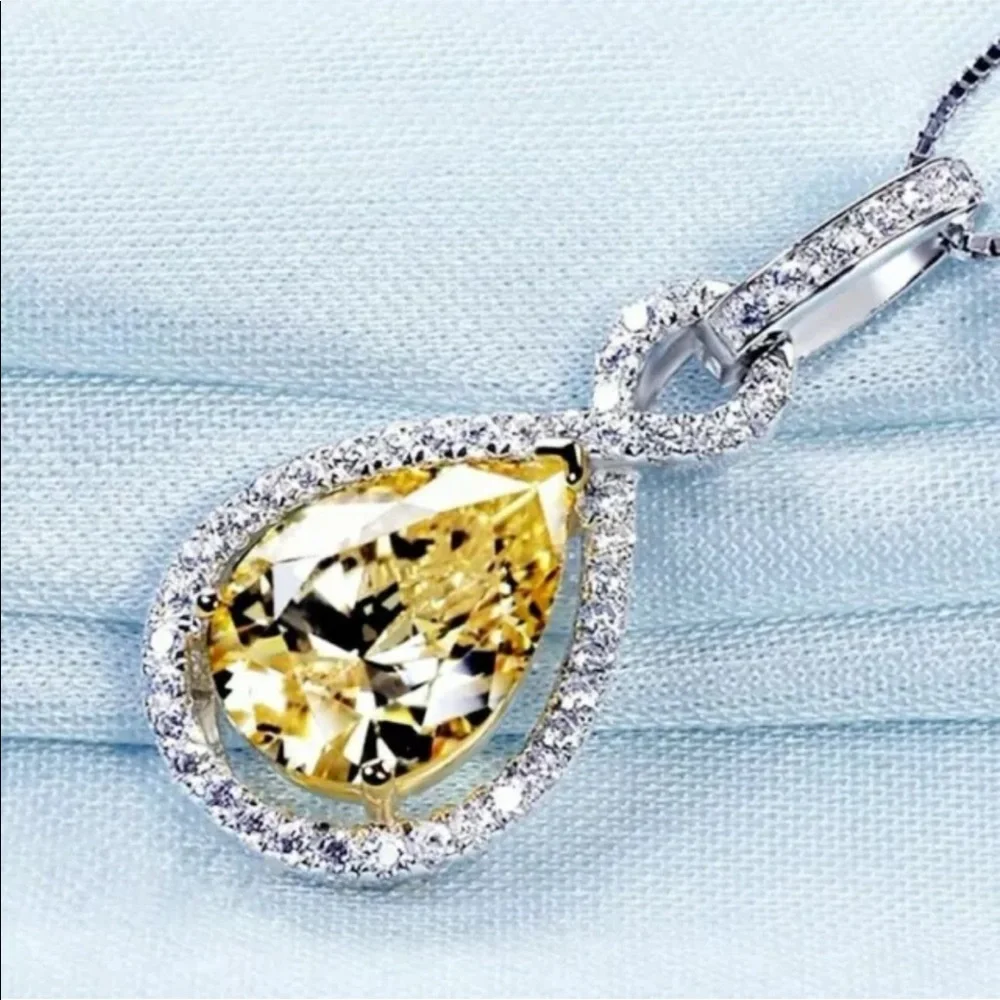 Stunning Citrine Yellow Diamond Silver Pendant Necklace